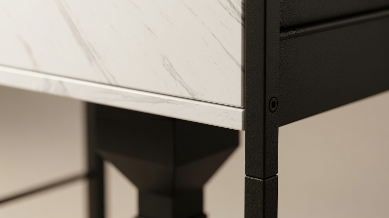 close view of the stone-look panel edge meeting the powder-coated steel frame