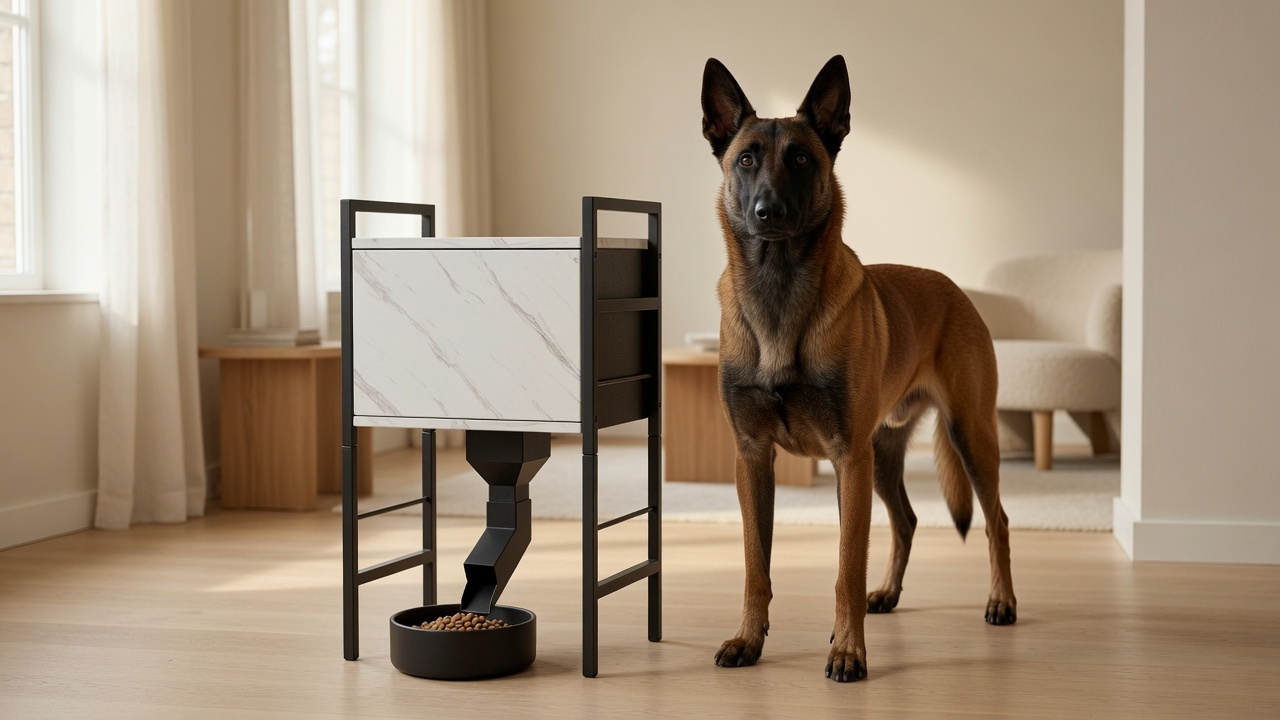 the belgian — a Belgian Malinois standing beside the feeder in a living room