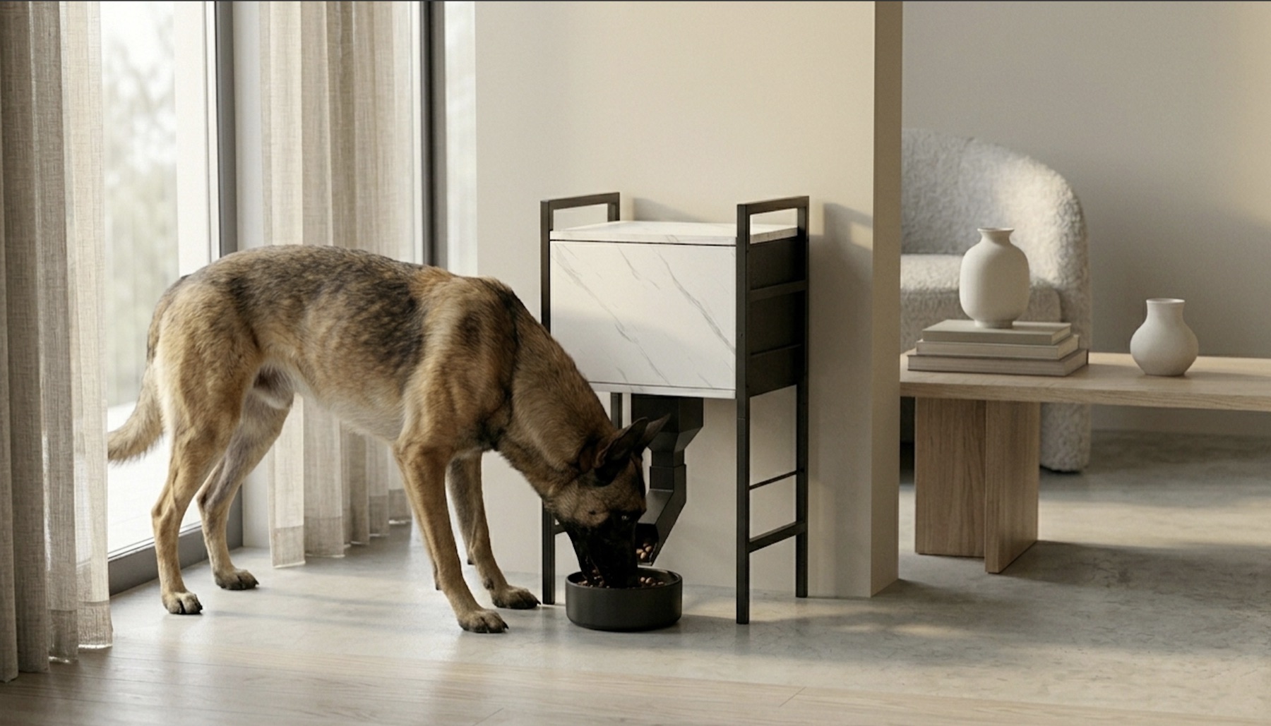the belgian — a Belgian Malinois eating from a furniture-grade smart feeder