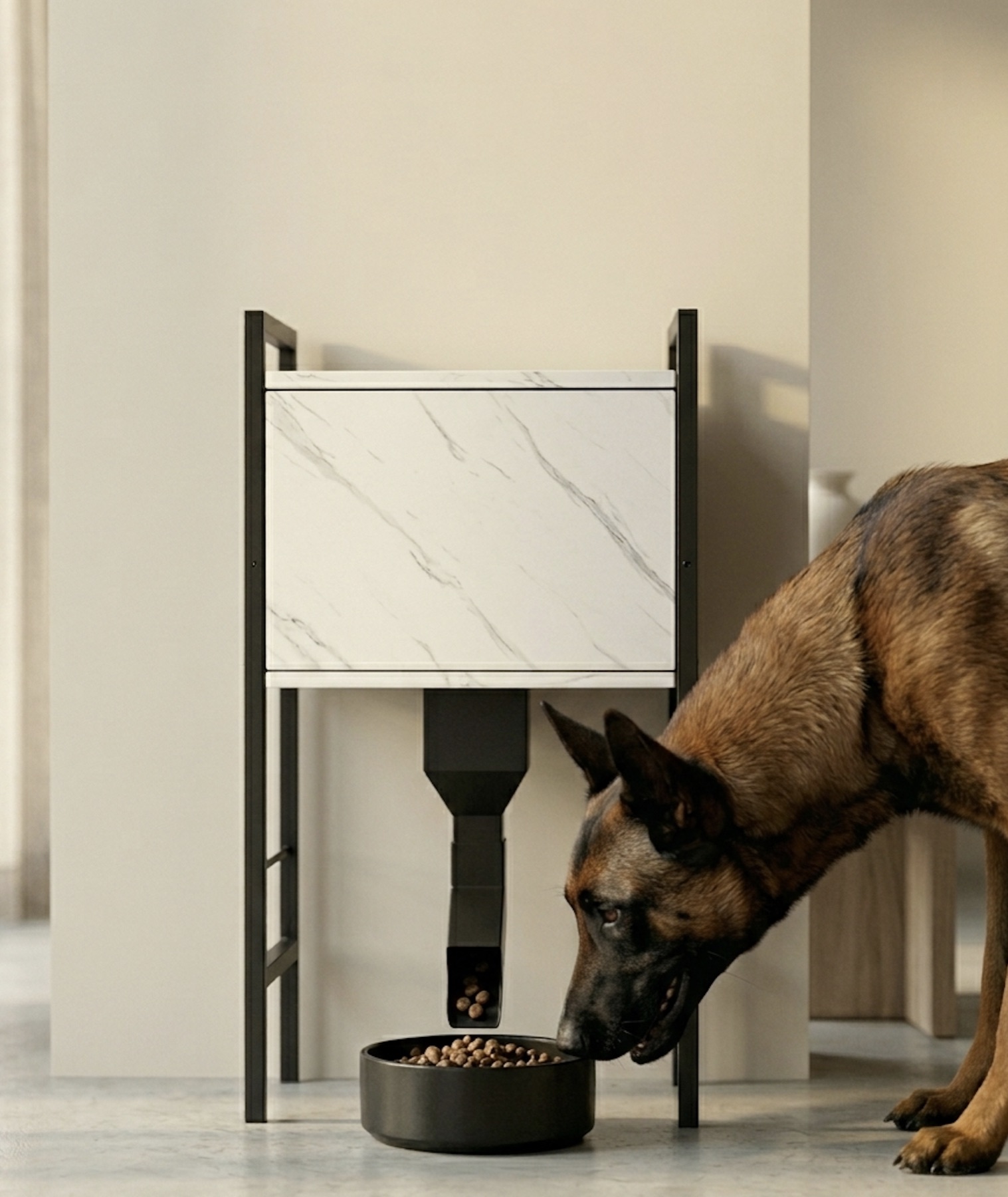 close view of kibble dispensing into the bowl