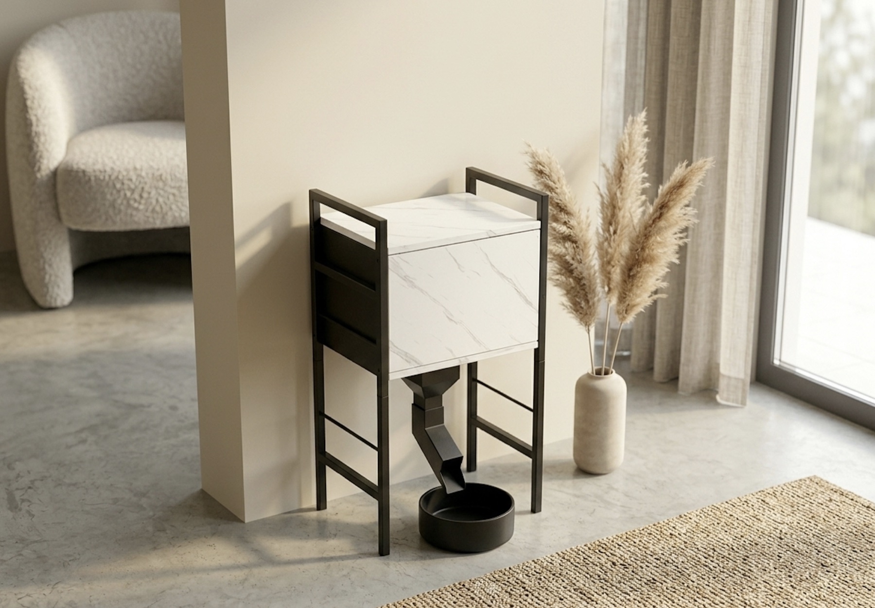 the belgian in a quiet corner, marble-look panels, black steel frame