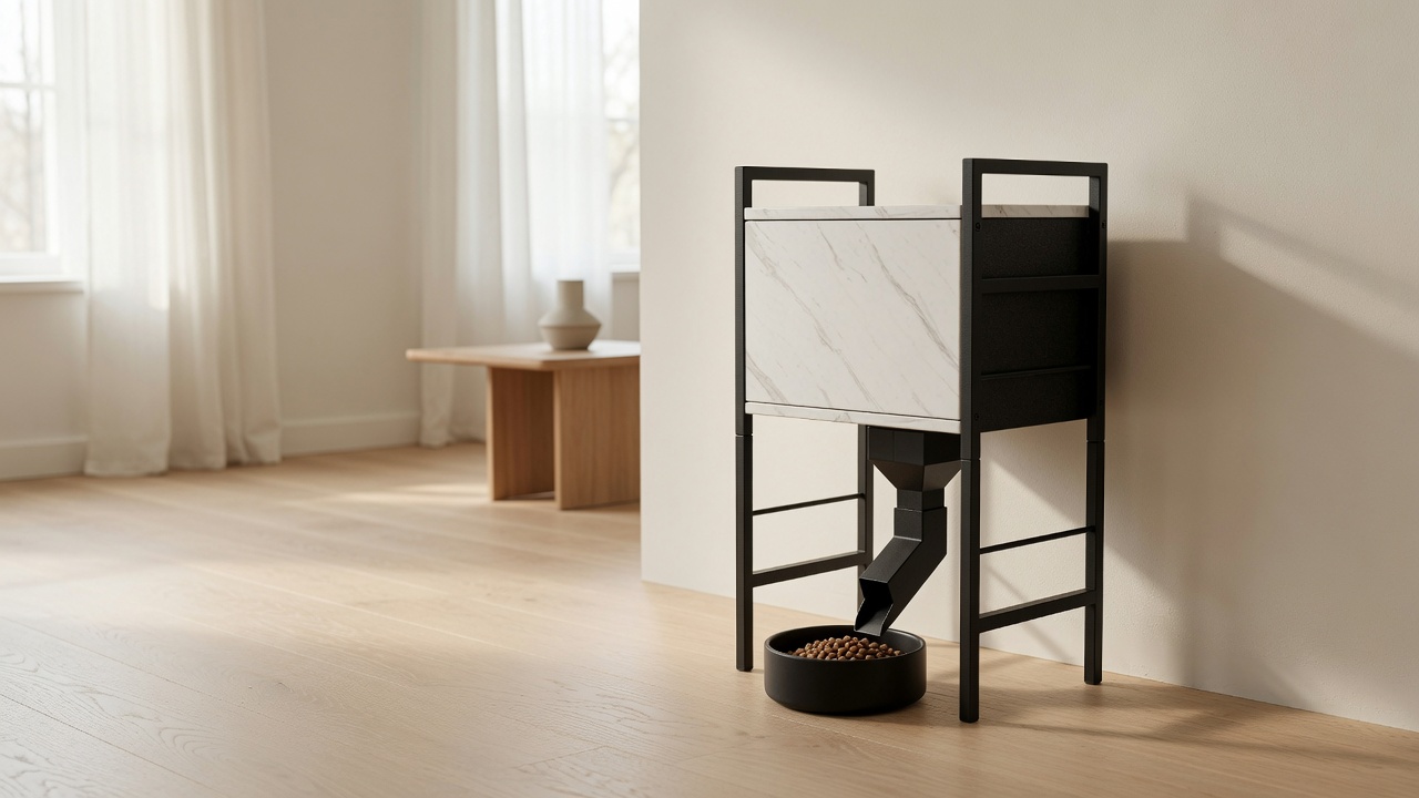 the belgian in a quiet corner, stone-look panels, black steel frame
